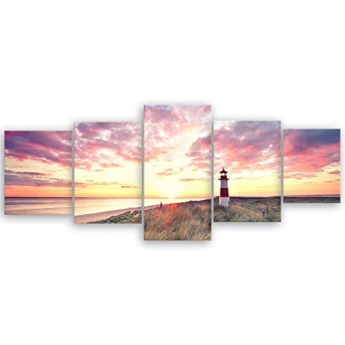 ge Bildet® hochwertiges Leinwandbild Panorama XXL Naturbilder Landschaftsbilder - Leuchtturm auf Sylt - Strand Natur Sonnenuntergang - 200 x 80 cm mehrteilig (5 teilig) 2213 T