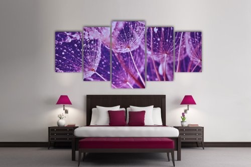 Leinwandbild Pusteblume Violett LW287 Wandbild, Bild auf Leinwand, 5 Teile, 210 x 100 cm, Kunstdruck Canvas, XXL Bilder, Keilrahmenbild, fertig aufgespannt, Bild, Holzrahmen, Löwenzahn, Blüte, Schirmchen