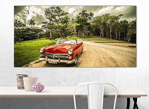 Topquadro XXL Wandbild, Leinwandbild 100x50cm, Kuba, Rotes Auto im Wald, Vintage - Panoramabild Keilrahmenbild, Bild auf Leinwand - Einteilig, Fertig zum Aufhängen