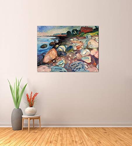 Keilrahmenbild Edvard Munch Shore with Red House Küste mit rotem Haus - 120x90cm quer - Alte Meister Berühmte Gemälde Leinwandbild Kunstdruck Bild auf Leinwand