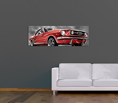 Keilrahmenbild - Mustang Graphic - rot - Bild auf Leinwand - 120x40 cm - Leinwandbilder - Motorisiert - Oldtimer - Klassiker - Amerika