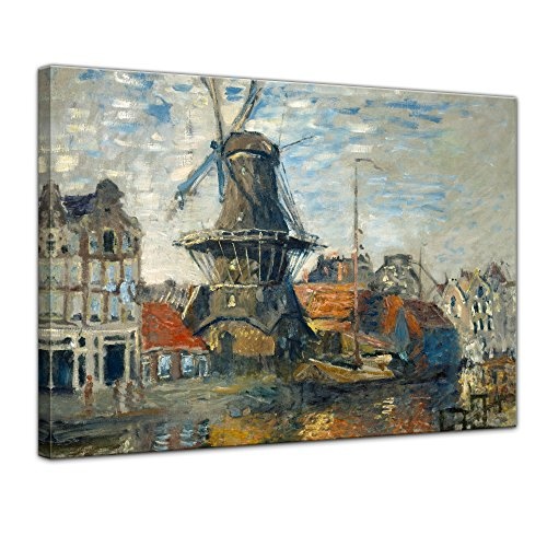 Keilrahmenbild Claude Monet Windmühle am Onbekende Kanal, Amsterdam - 120x90cm quer - Alte Meister Berühmte Gemälde Leinwandbild Kunstdruck Bild auf Leinwand