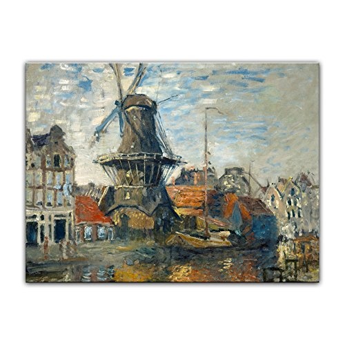 Keilrahmenbild Claude Monet Windmühle am Onbekende Kanal, Amsterdam - 120x90cm quer - Alte Meister Berühmte Gemälde Leinwandbild Kunstdruck Bild auf Leinwand