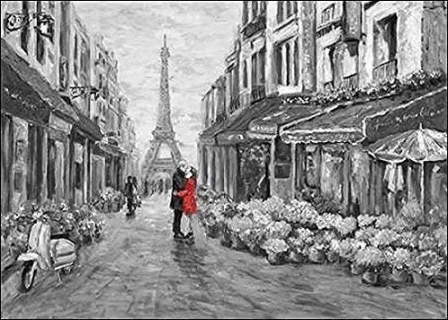 Keilrahmen-Bild - William Brighton: Romance in Red Leinwandbild Paris Eiffelturm retro grau schwarz-weiss rot Nostalgie Idylle Strassenszene (35x50)