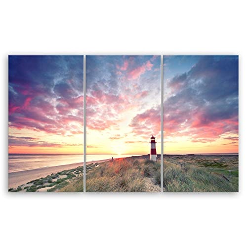 ge Bildet® hochwertiges Leinwandbild XXL Naturbilder Landschaftsbilder - Leuchtturm auf Sylt - Strand Natur Sonnenuntergang - 165 x 100 cm mehrteilig (3 teilig) 2212 T