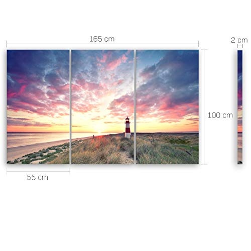 ge Bildet® hochwertiges Leinwandbild XXL Naturbilder Landschaftsbilder - Leuchtturm auf Sylt - Strand Natur Sonnenuntergang - 165 x 100 cm mehrteilig (3 teilig) 2212 T