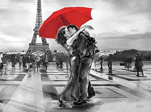 Keilrahmen-Bild - Michael Tarin: B W French Kiss Leinwandbild Paar Kuss Schirm rot Paris Eiffelturm Romantik (75x100)