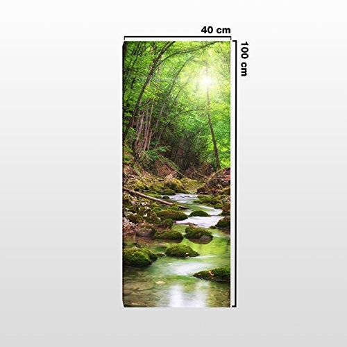 wandmotiv24 Leinwandbild Panorama Nr. 371 Flusslauf im Wald 100x40cm, Bild auf Leinwand, Bach Bäume Grün