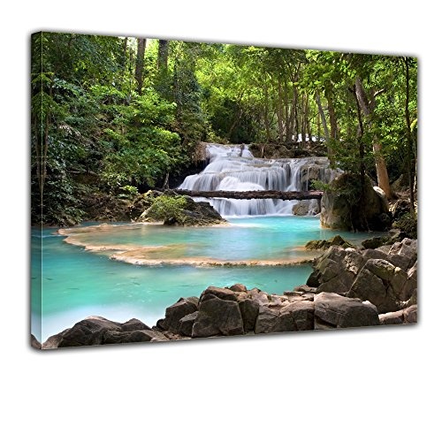Keilrahmenbild - Wasserfall im Wald - Bild auf Leinwand - 120x90 cm 1 teilig - Leinwandbilder - Landschaften - Natur - Kaskade mit Wasserbecken - See