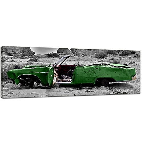 Keilrahmenbild - Cadillac - grün - Bild auf Leinwand - 160x50 cm - Leinwandbilder - Motorisiert - Amerika - Landschaften - Autowrack in der Wüste