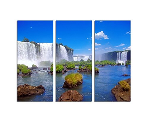 130x90cm - Keilrahmenbild große Wasserfälle Brasilien blauer Himmel 3teiliges Wandbild auf Leinwand und Keilrahmen - Fotobild Kunstdruck Artprint