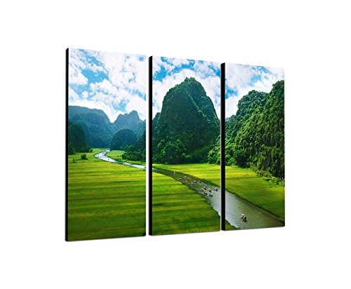 130x90cm - Keilrahmenbild grünes Reisfeld Fluss Vietnam Berge 3teiliges Wandbild auf Leinwand und Keilrahmen - Fotobild Kunstdruck Artprint