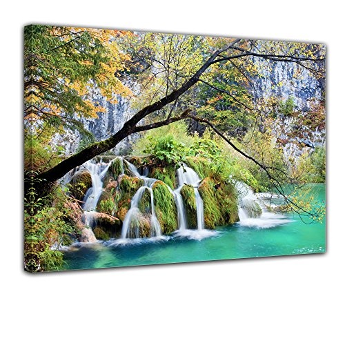 Keilrahmenbild - Wasserfall im Herbst - Bild auf Leinwand...