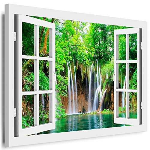 BOIKAL XXL108-1 Optische Täuschung 3D Bild auf Leinwand Fensterblick 40 / 30 cm Weiß - Querformat Farbe + Große 21 Variante ! Wasserfall im grünen Wald