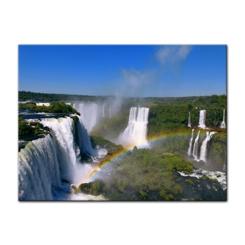Keilrahmenbild - Iguazu Wasserfälle mit Regenbogen - Bild auf Leinwand - 120 x 90 cm 1 teilig - Leinwandbilder - Bilder als Leinwanddruck - Landschaften - Natur - Fluss Iguazu in Südamerika