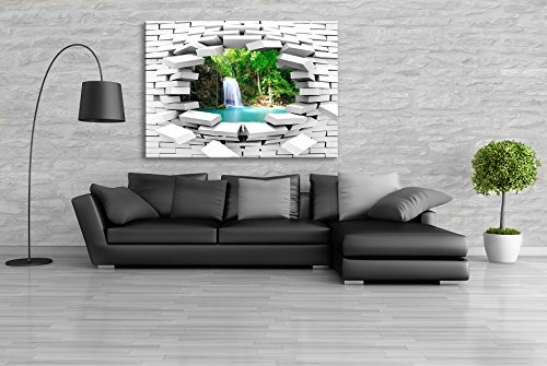 JULIA-ART 47wl2 S - Format 60 - 50 cm Bild auf Leinwand Wasserfall 3D Illusion Mauer Loch Wand Deko ideen - Natur, Landschaft Bilder
