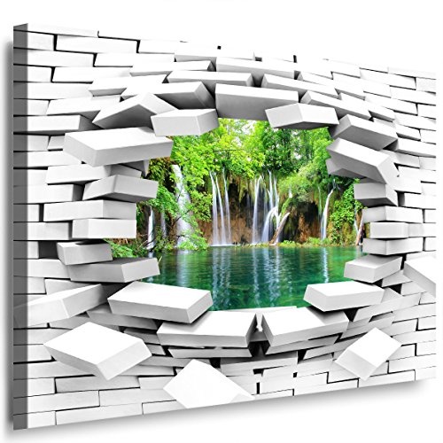 JULIA-ART 108wl5 XL - Format 100 - 80 cm Bild auf Leinwand Wasserfall 3D Illusion Mauer Loch Wand Deko ideen - Natur, Landschaft Bilder