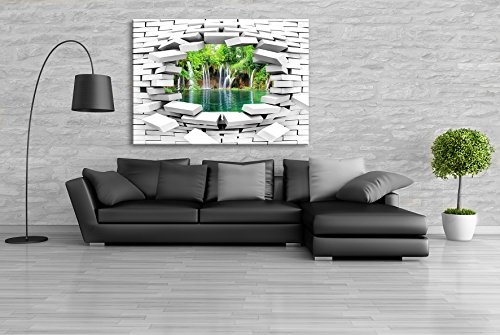 JULIA-ART 108wl5 XL - Format 100 - 80 cm Bild auf Leinwand Wasserfall 3D Illusion Mauer Loch Wand Deko ideen - Natur, Landschaft Bilder