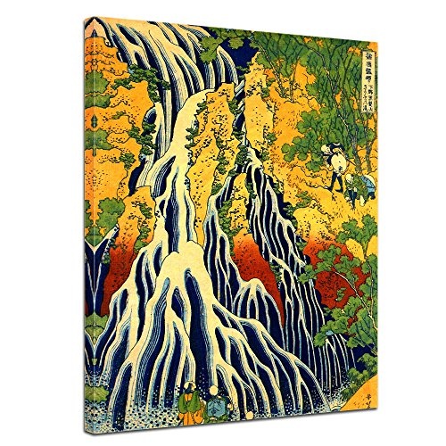 Leinwandbild Katsushika Hokusai Pilger beim Kirifuri Wasserfall - 90x120cm hochkant - Keilrahmenbild Wandbild Alte Meister Kunstdruck Bild auf Leinwand Berühmte Gemälde