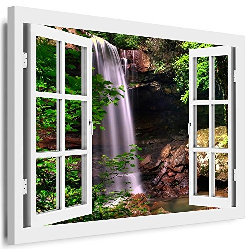 BOIKAL XXL136-5 Fensterblick Leinwand bild 3D Illusion - FERTIG GERAHMTE BILDER Kein POSTER ! ! Wandbild 100 x 80 cm Weiß ! Farbe - Große 21 Variante wählbar ! Fenster Kunstdruck Landschaft Wasserfall. Wald, Bäume