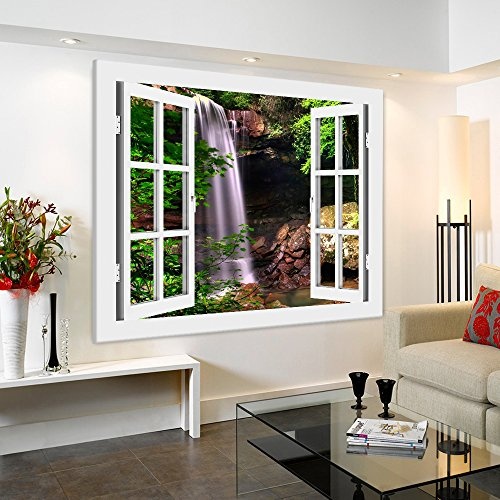 BOIKAL XXL136-5 Fensterblick Leinwand bild 3D Illusion - FERTIG GERAHMTE BILDER Kein POSTER ! ! Wandbild 100 x 80 cm Weiß ! Farbe - Große 21 Variante wählbar ! Fenster Kunstdruck Landschaft Wasserfall. Wald, Bäume