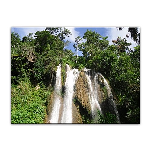 Keilrahmenbild - Wasserfall im Dschungel - Bild auf Leinwand 120 x 90 cm - Leinwandbilder - Bilder als Leinwanddruck - Landschaften - Natur - grüne Landschaft mit Wasserfall