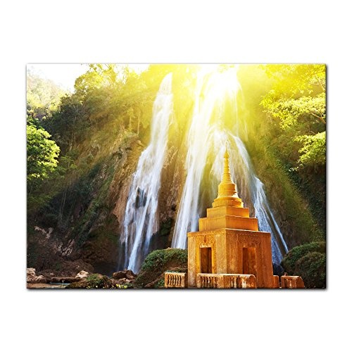 Keilrahmenbild - Wasserfall in Myanmar - Bild auf Leinwand - 120x90 cm 1 teilig - Leinwandbilder - Landschaften - Asien - Anisakan Wasserfall mit Pagode