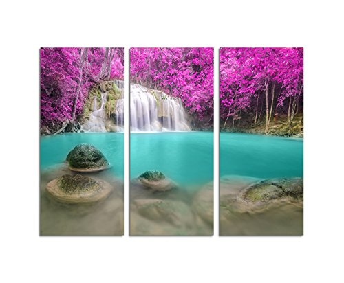 130x90cm - Keilrahmenbild Wasserfall Kaskaden Thailand bunte Bäume 3teiliges Wandbild auf Leinwand und Keilrahmen - Fotobild Kunstdruck Artprint