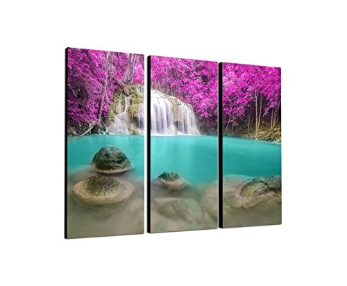130x90cm - Keilrahmenbild Wasserfall Kaskaden Thailand bunte Bäume 3teiliges Wandbild auf Leinwand und Keilrahmen - Fotobild Kunstdruck Artprint