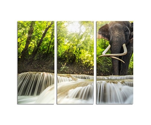 130x90cm - Keilrahmenbild Wasserfall Elefant Thailand Kaskaden 3teiliges Wandbild auf Leinwand und Keilrahmen - Fotobild Kunstdruck Artprint