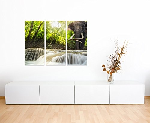 130x90cm - Keilrahmenbild Wasserfall Elefant Thailand Kaskaden 3teiliges Wandbild auf Leinwand und Keilrahmen - Fotobild Kunstdruck Artprint
