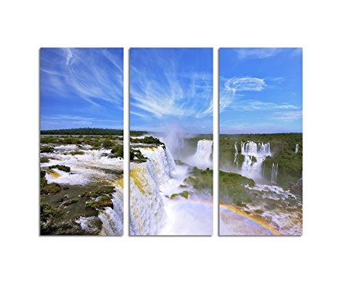 130x90cm - Keilrahmenbild Wasserfall Kaskaden Regenbogen Brasilien 3teiliges Wandbild auf Leinwand und Keilrahmen - Fotobild Kunstdruck Artprint