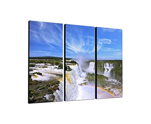 130x90cm - Keilrahmenbild Wasserfall Kaskaden Regenbogen Brasilien 3teiliges Wandbild auf Leinwand und Keilrahmen - Fotobild Kunstdruck Artprint