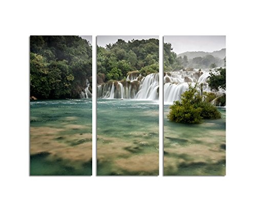 130x90cm - Keilrahmenbild Wasserfall Nationalpark Kroatien Nebel 3teiliges Wandbild auf Leinwand und Keilrahmen - Fotobild Kunstdruck Artprint