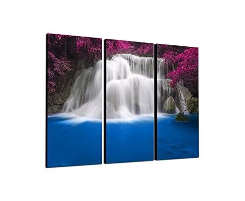 130x90cm - Keilrahmenbild Wasserfall Thailand farbenfrohe Bäume 3teiliges Wandbild auf Leinwand und Keilrahmen - Fotobild Kunstdruck Artprint