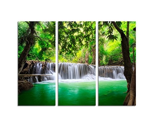 130x90cm - Keilrahmenbild Wasserfall grünes Wasser Bäume 3teiliges Wandbild auf Leinwand und Keilrahmen - Fotobild Kunstdruck Artprint