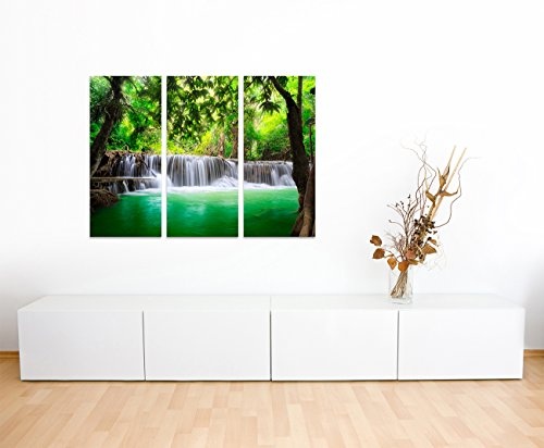 130x90cm - Keilrahmenbild Wasserfall grünes Wasser Bäume 3teiliges Wandbild auf Leinwand und Keilrahmen - Fotobild Kunstdruck Artprint