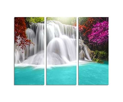 130x90cm - Keilrahmenbild Wasserfall bunte Bäume See 3teiliges Wandbild auf Leinwand und Keilrahmen - Fotobild Kunstdruck Artprint