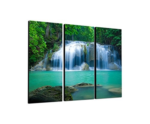130x90cm - Keilrahmenbild Wasserfall Bäume Natur Thailand 3teiliges Wandbild auf Leinwand und Keilrahmen - Fotobild Kunstdruck Artprint