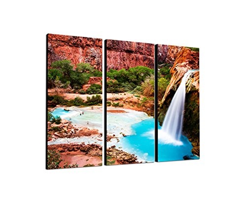 130x90cm - Keilrahmenbild Wasserfall Grand Canyon rote Felsen 3teiliges Wandbild auf Leinwand und Keilrahmen - Fotobild Kunstdruck Artprint