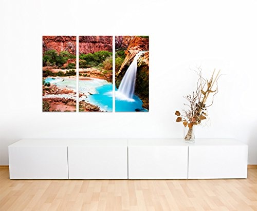 130x90cm - Keilrahmenbild Wasserfall Grand Canyon rote Felsen 3teiliges Wandbild auf Leinwand und Keilrahmen - Fotobild Kunstdruck Artprint