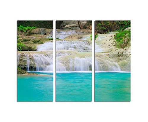 130x90cm - Keilrahmenbild Wasserfall Landschaft Thailand Nationalpark 3teiliges Wandbild auf Leinwand und Keilrahmen - Fotobild Kunstdruck Artprint
