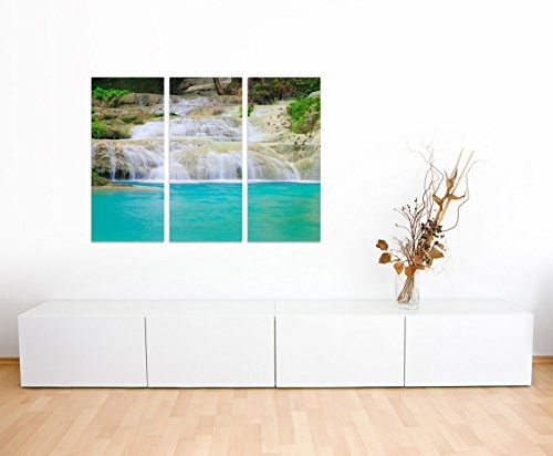 130x90cm - Keilrahmenbild Wasserfall Landschaft Thailand Nationalpark 3teiliges Wandbild auf Leinwand und Keilrahmen - Fotobild Kunstdruck Artprint