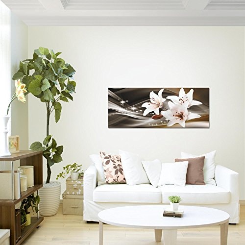 Bilder Blumen Lilien Wandbild 100 x 40 cm Vlies - Leinwand Bild XXL Format Wandbilder Wohnzimmer Wohnung Deko Kunstdrucke Braun 1 Teilig - Made IN Germany - Fertig zum Aufhängen 204912b