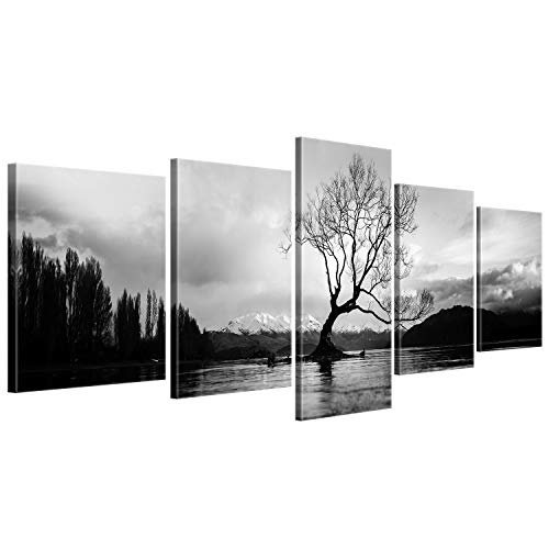 ge Bildet® hochwertiges Leinwandbild XXL - The Wanaka Tree - Neuseeland - schwarz weiß - 200 x 80 cm mehrteilig (5 teilig)