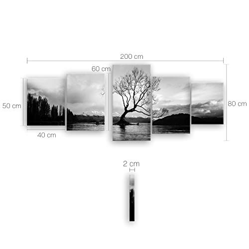 ge Bildet® hochwertiges Leinwandbild XXL - The Wanaka Tree - Neuseeland - schwarz weiß - 200 x 80 cm mehrteilig (5 teilig)