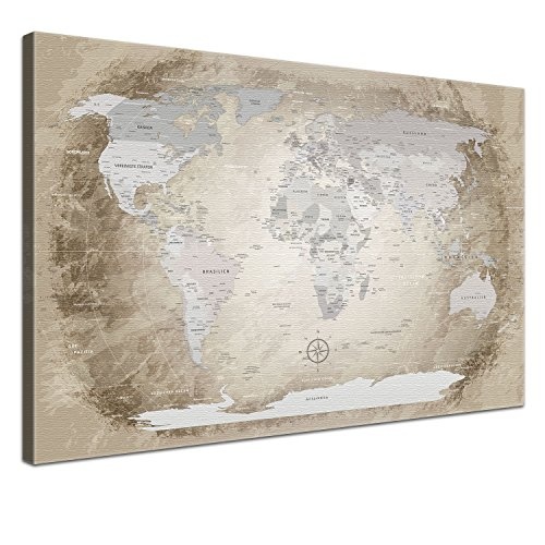 LANA KK - Weltkarte Leinwandbild mit Korkrückwand zum pinnen der Reiseziele - "Worldmap Beige" - deutsch - Kunstdruck-Pinnwand Globus in braun, einteilig & fertig gerahmt in 120x80cm