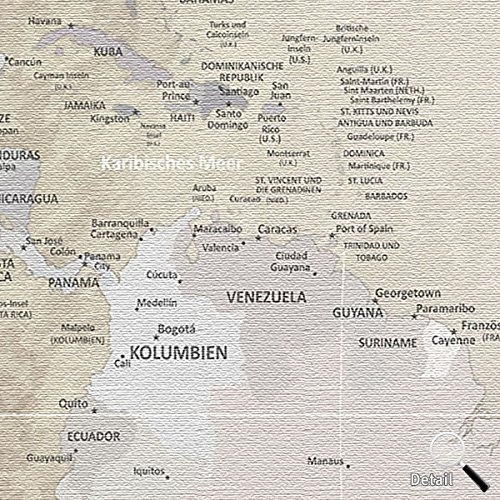 LANA KK - Weltkarte Leinwandbild mit Korkrückwand zum pinnen der Reiseziele - "Worldmap Beige" - deutsch - Kunstdruck-Pinnwand Globus in braun, einteilig & fertig gerahmt in 120x80cm