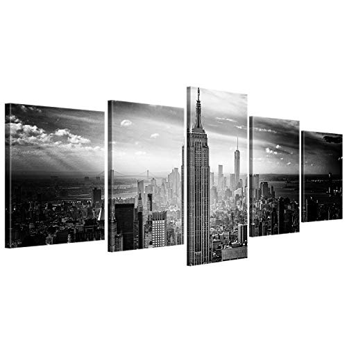 ge Bildet® hochwertiges Leinwandbild XXL - Empire State Building in New York - Schwarz Weiß - 200 x 80 cm mehrteilig (5 teilig) | Wanddeko Wandbild Wandbilder Bild auf Leinwand | 2228II