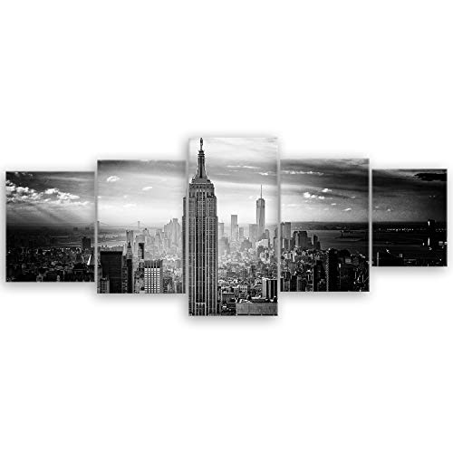 ge Bildet® hochwertiges Leinwandbild XXL - Empire State Building in New York - Schwarz Weiß - 200 x 80 cm mehrteilig (5 teilig) | Wanddeko Wandbild Wandbilder Bild auf Leinwand | 2228II